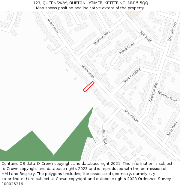 123, QUEENSWAY, BURTON LATIMER, KETTERING, NN15 5QQ: Location map and indicative extent of plot