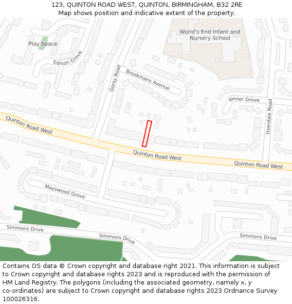 123, QUINTON ROAD WEST, QUINTON, BIRMINGHAM, B32 2RE: Location map and indicative extent of plot