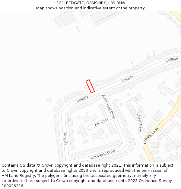 123, REDGATE, ORMSKIRK, L39 3NW: Location map and indicative extent of plot