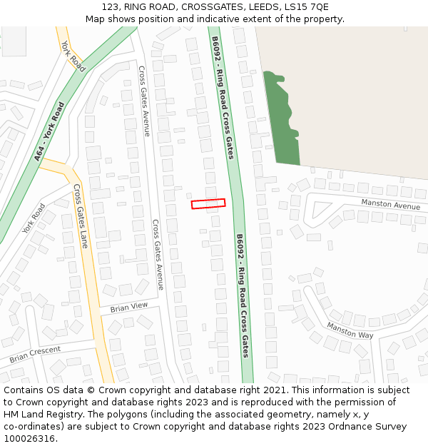 123, RING ROAD, CROSSGATES, LEEDS, LS15 7QE: Location map and indicative extent of plot