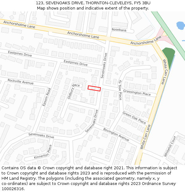 123, SEVENOAKS DRIVE, THORNTON-CLEVELEYS, FY5 3BU: Location map and indicative extent of plot