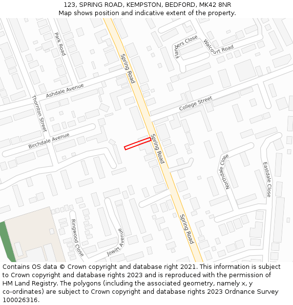 123, SPRING ROAD, KEMPSTON, BEDFORD, MK42 8NR: Location map and indicative extent of plot