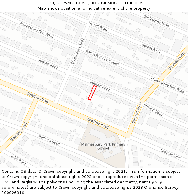 123, STEWART ROAD, BOURNEMOUTH, BH8 8PA: Location map and indicative extent of plot