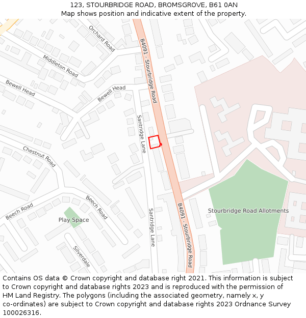 123, STOURBRIDGE ROAD, BROMSGROVE, B61 0AN: Location map and indicative extent of plot