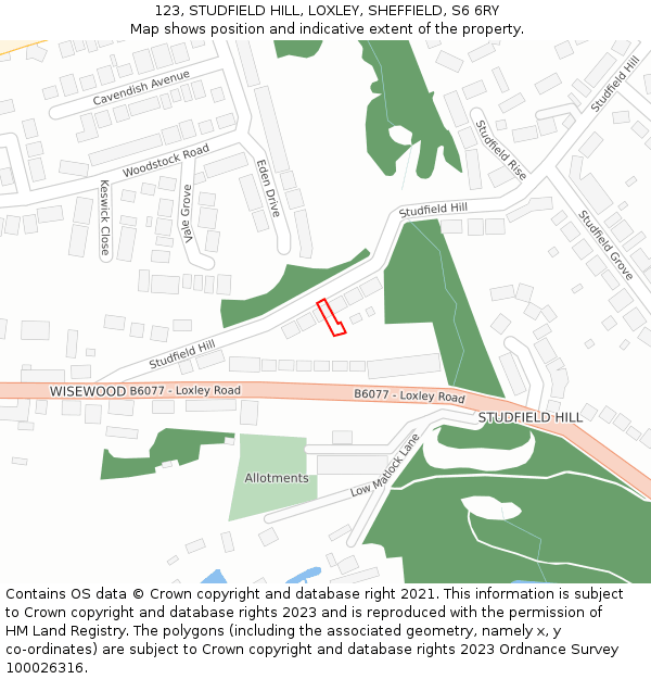 123, STUDFIELD HILL, LOXLEY, SHEFFIELD, S6 6RY: Location map and indicative extent of plot