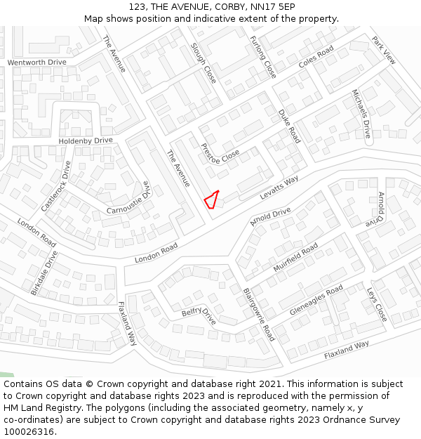 123, THE AVENUE, CORBY, NN17 5EP: Location map and indicative extent of plot