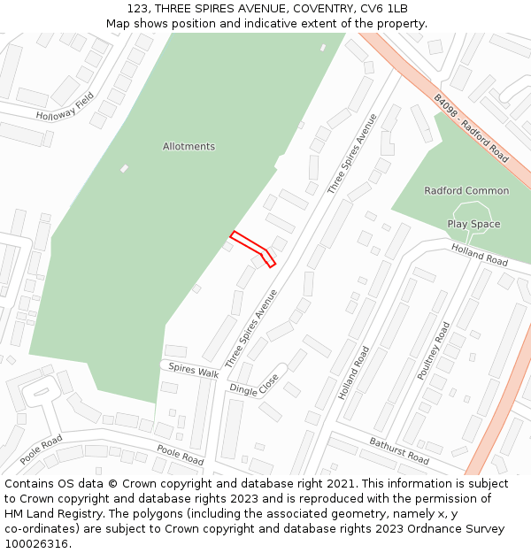 123, THREE SPIRES AVENUE, COVENTRY, CV6 1LB: Location map and indicative extent of plot