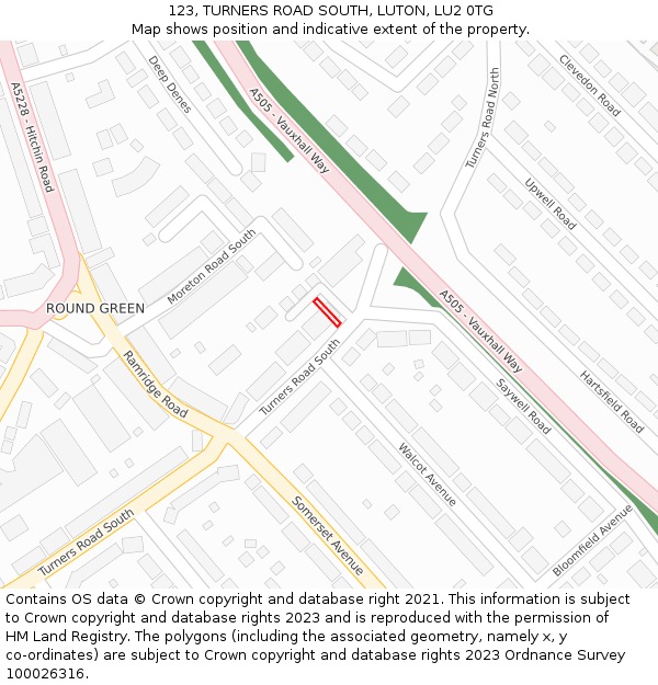 123, TURNERS ROAD SOUTH, LUTON, LU2 0TG: Location map and indicative extent of plot