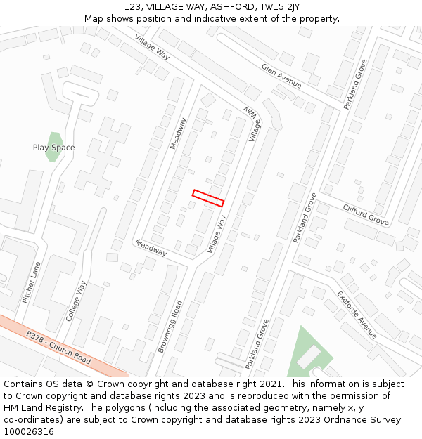 123, VILLAGE WAY, ASHFORD, TW15 2JY: Location map and indicative extent of plot