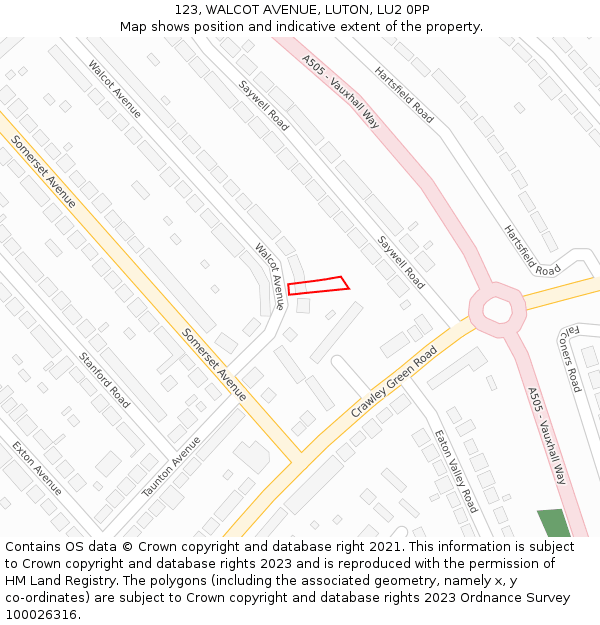 123, WALCOT AVENUE, LUTON, LU2 0PP: Location map and indicative extent of plot