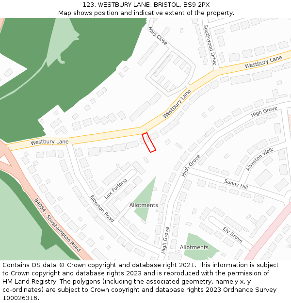 123, WESTBURY LANE, BRISTOL, BS9 2PX: Location map and indicative extent of plot