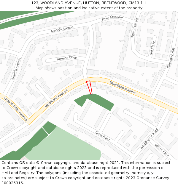 123, WOODLAND AVENUE, HUTTON, BRENTWOOD, CM13 1HL: Location map and indicative extent of plot