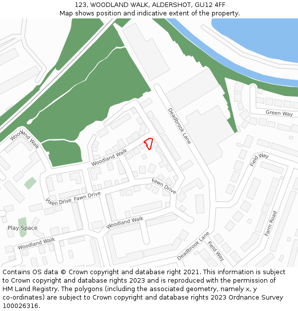 123, WOODLAND WALK, ALDERSHOT, GU12 4FF: Location map and indicative extent of plot