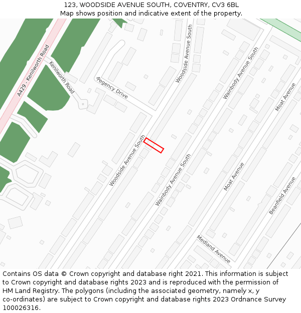 123, WOODSIDE AVENUE SOUTH, COVENTRY, CV3 6BL: Location map and indicative extent of plot