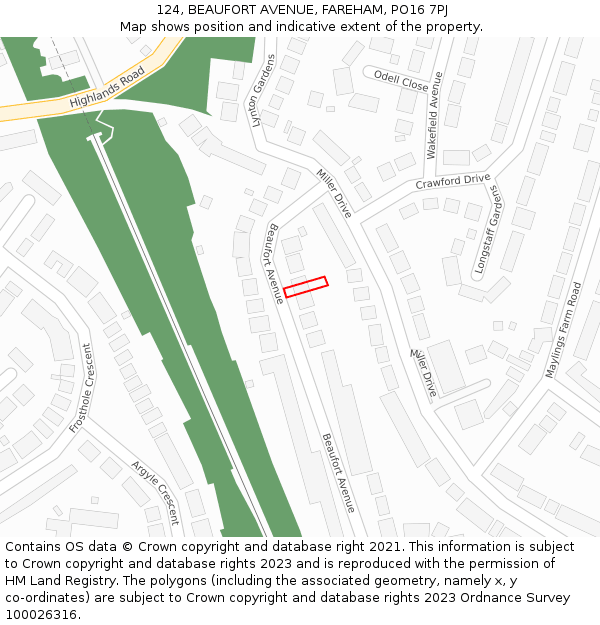 124, BEAUFORT AVENUE, FAREHAM, PO16 7PJ: Location map and indicative extent of plot