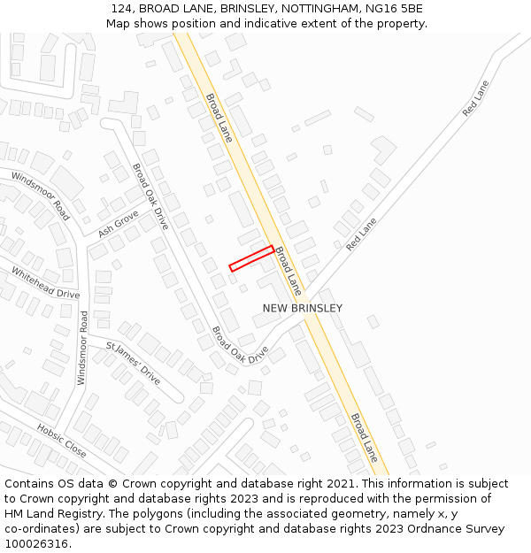 124, BROAD LANE, BRINSLEY, NOTTINGHAM, NG16 5BE: Location map and indicative extent of plot