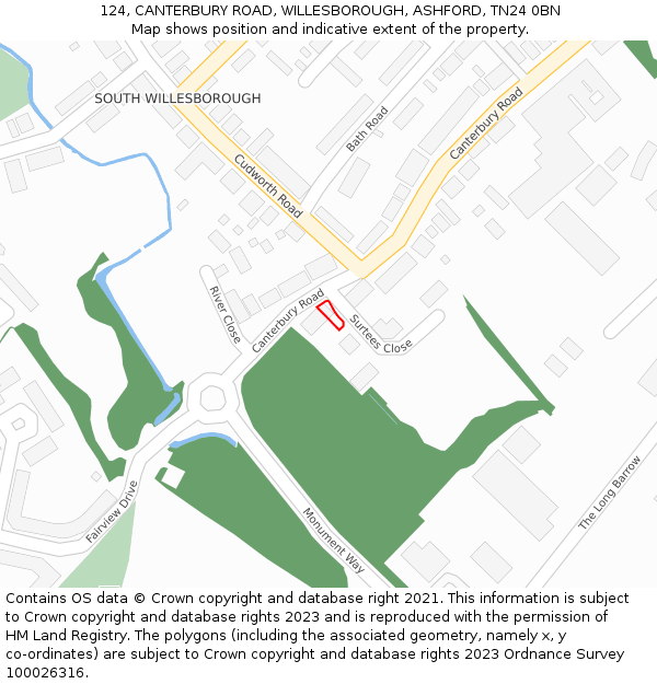 124, CANTERBURY ROAD, WILLESBOROUGH, ASHFORD, TN24 0BN: Location map and indicative extent of plot