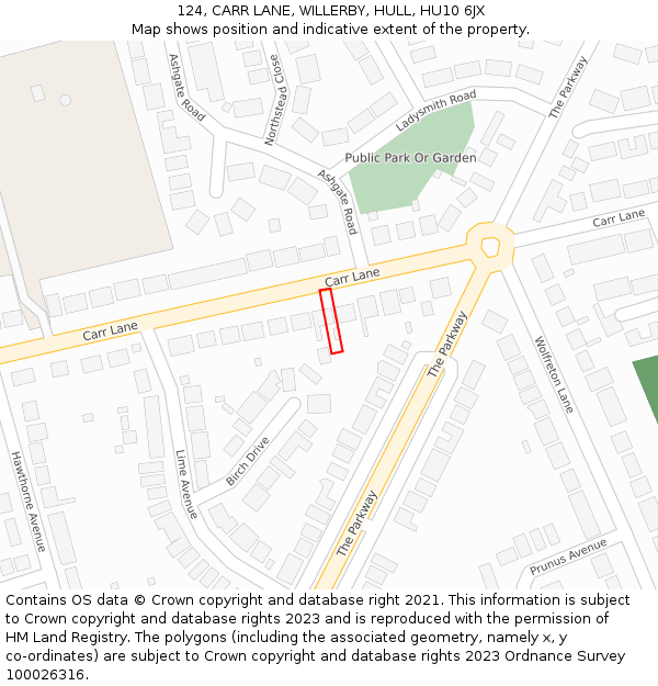 124, CARR LANE, WILLERBY, HULL, HU10 6JX: Location map and indicative extent of plot