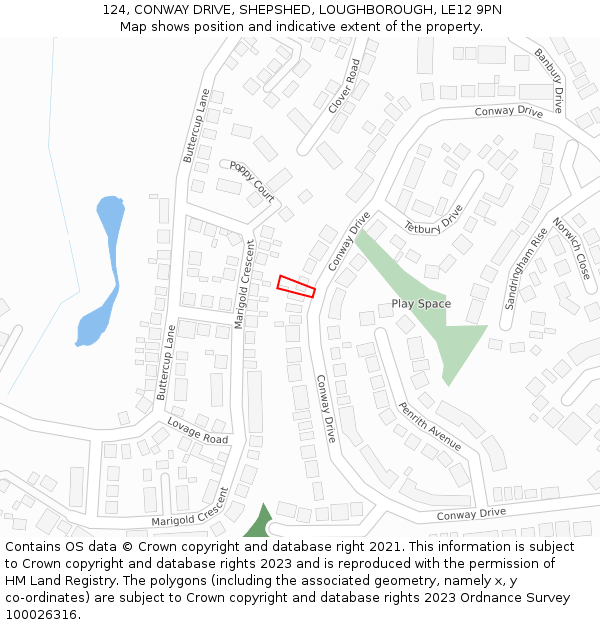 124, CONWAY DRIVE, SHEPSHED, LOUGHBOROUGH, LE12 9PN: Location map and indicative extent of plot
