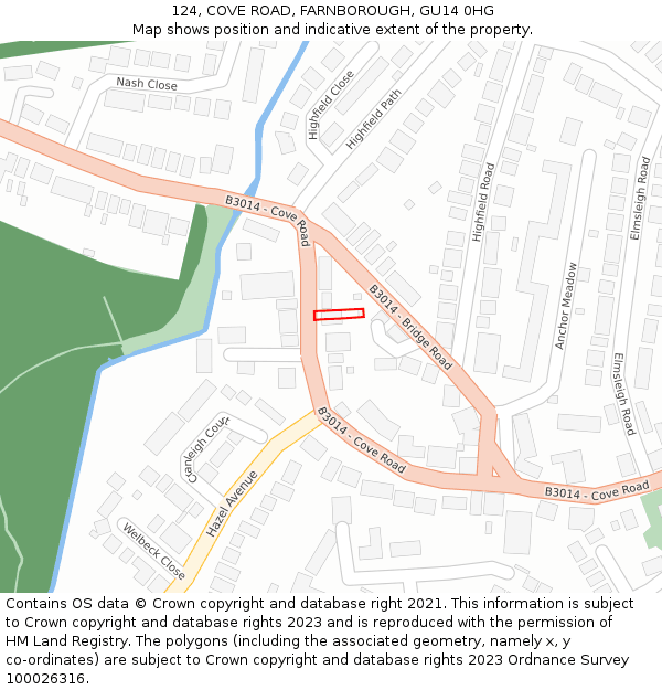 124, COVE ROAD, FARNBOROUGH, GU14 0HG: Location map and indicative extent of plot