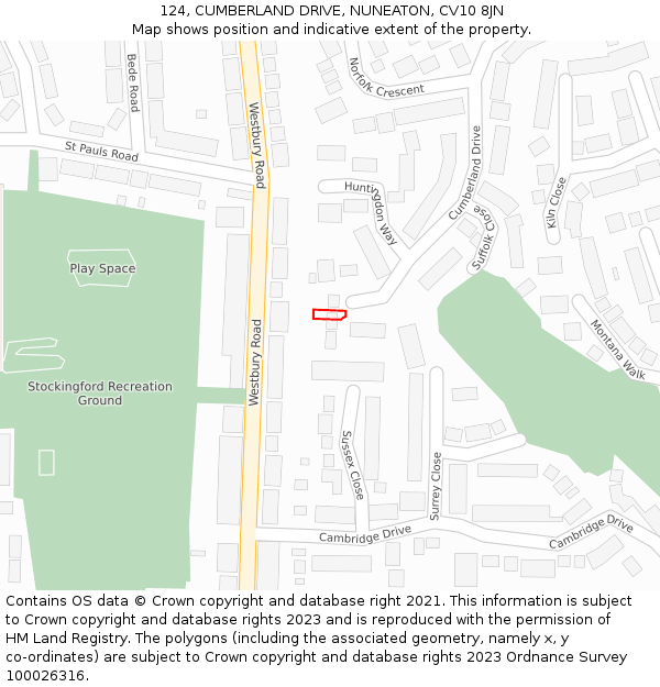 124, CUMBERLAND DRIVE, NUNEATON, CV10 8JN: Location map and indicative extent of plot