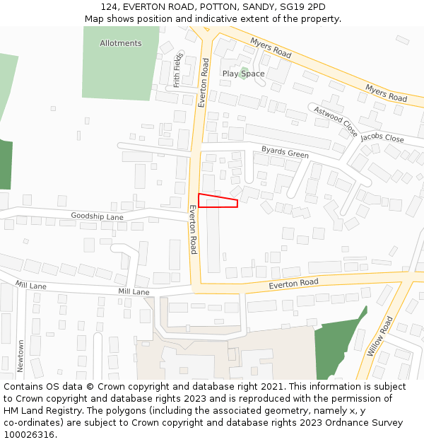 124, EVERTON ROAD, POTTON, SANDY, SG19 2PD: Location map and indicative extent of plot