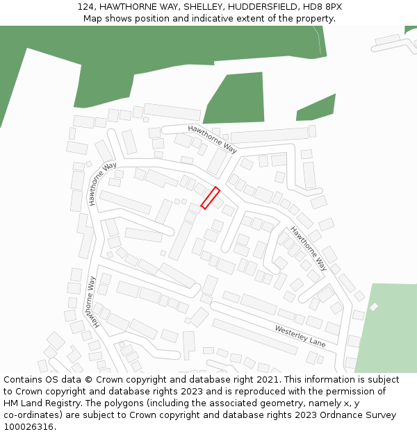 124, HAWTHORNE WAY, SHELLEY, HUDDERSFIELD, HD8 8PX: Location map and indicative extent of plot