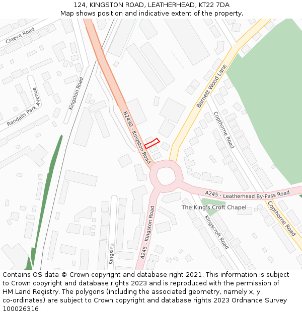 124, KINGSTON ROAD, LEATHERHEAD, KT22 7DA: Location map and indicative extent of plot