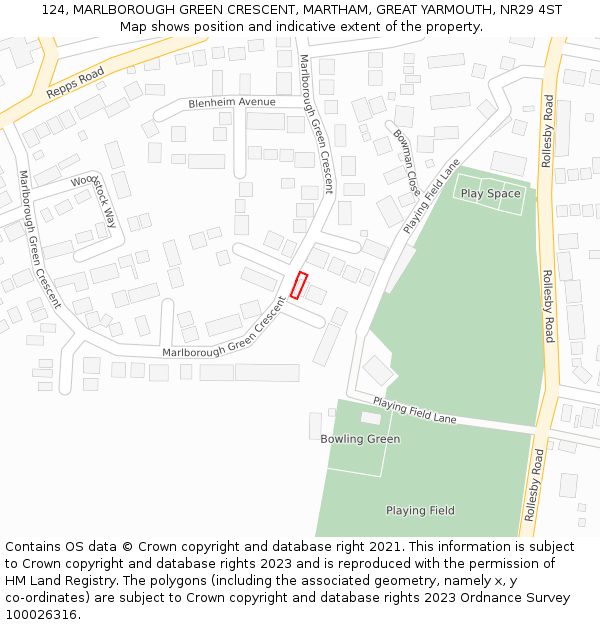 124, MARLBOROUGH GREEN CRESCENT, MARTHAM, GREAT YARMOUTH, NR29 4ST: Location map and indicative extent of plot