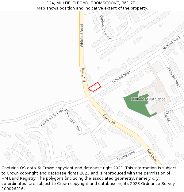 124, MILLFIELD ROAD, BROMSGROVE, B61 7BU: Location map and indicative extent of plot