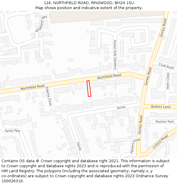 124, NORTHFIELD ROAD, RINGWOOD, BH24 1SU: Location map and indicative extent of plot