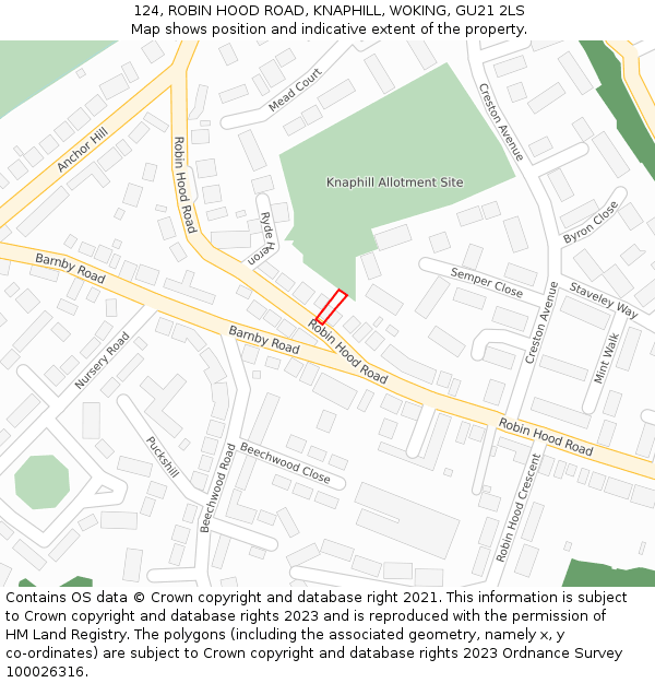 124, ROBIN HOOD ROAD, KNAPHILL, WOKING, GU21 2LS: Location map and indicative extent of plot