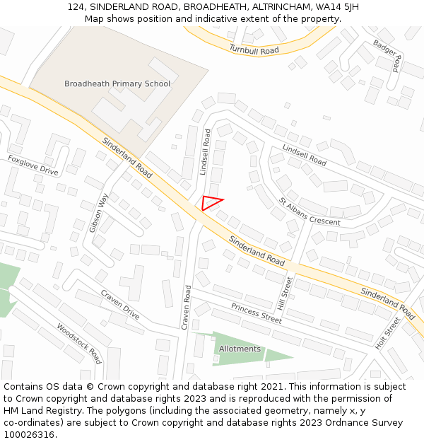 124, SINDERLAND ROAD, BROADHEATH, ALTRINCHAM, WA14 5JH: Location map and indicative extent of plot