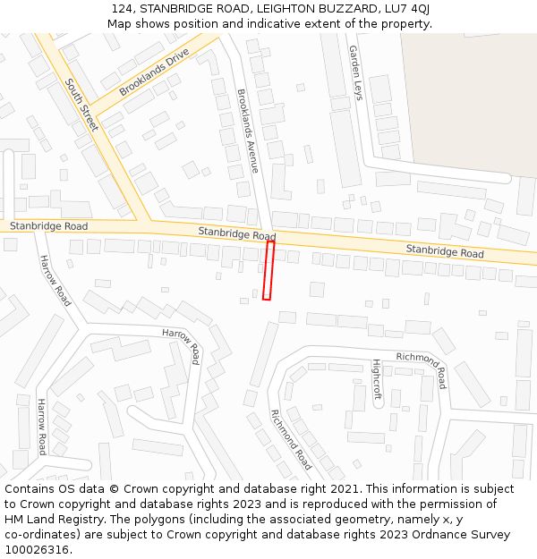 124, STANBRIDGE ROAD, LEIGHTON BUZZARD, LU7 4QJ: Location map and indicative extent of plot