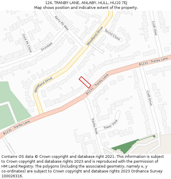 124, TRANBY LANE, ANLABY, HULL, HU10 7EJ: Location map and indicative extent of plot