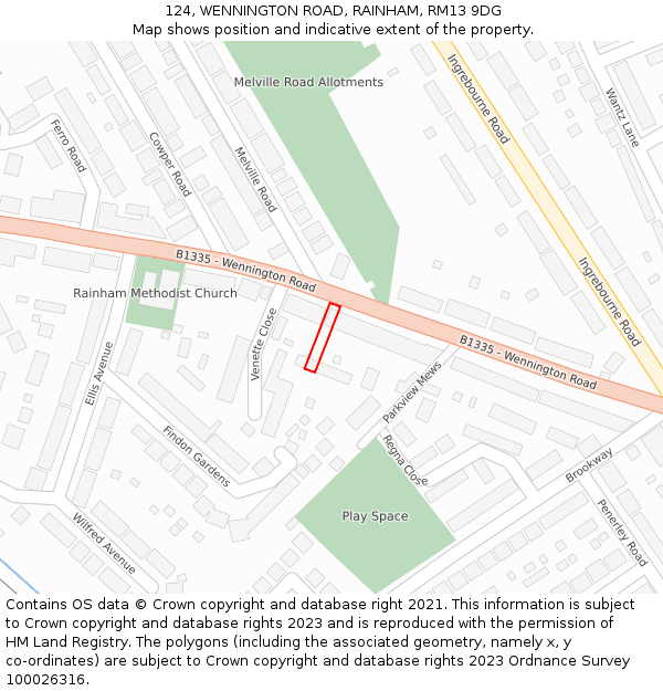 124, WENNINGTON ROAD, RAINHAM, RM13 9DG: Location map and indicative extent of plot