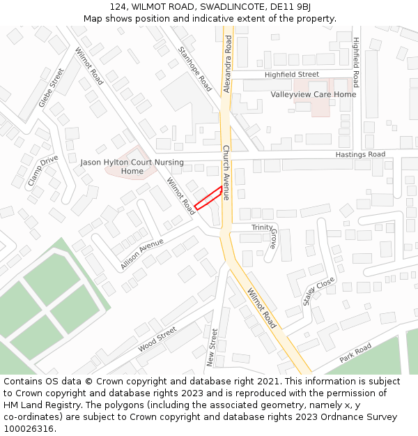 124, WILMOT ROAD, SWADLINCOTE, DE11 9BJ: Location map and indicative extent of plot