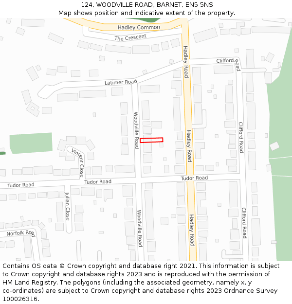 124, WOODVILLE ROAD, BARNET, EN5 5NS: Location map and indicative extent of plot