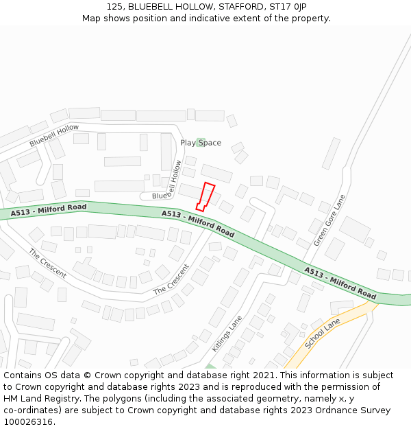 125, BLUEBELL HOLLOW, STAFFORD, ST17 0JP: Location map and indicative extent of plot