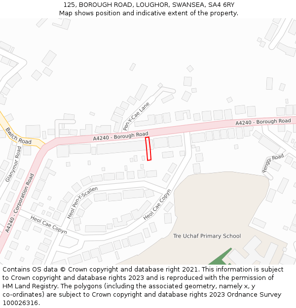 125, BOROUGH ROAD, LOUGHOR, SWANSEA, SA4 6RY: Location map and indicative extent of plot