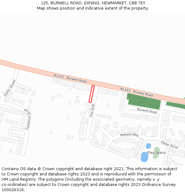 125, BURWELL ROAD, EXNING, NEWMARKET, CB8 7EY: Location map and indicative extent of plot