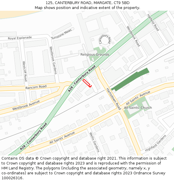 125, CANTERBURY ROAD, MARGATE, CT9 5BD: Location map and indicative extent of plot