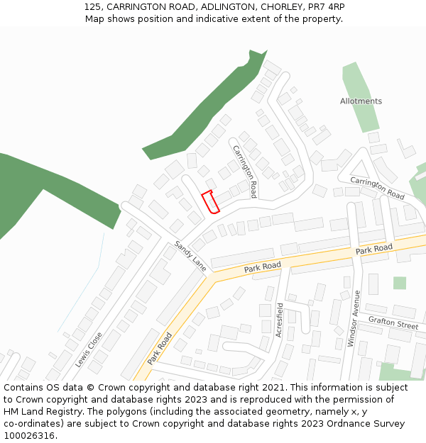 125, CARRINGTON ROAD, ADLINGTON, CHORLEY, PR7 4RP: Location map and indicative extent of plot