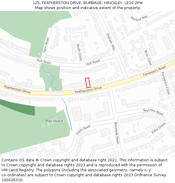 125, FEATHERSTON DRIVE, BURBAGE, HINCKLEY, LE10 2PW: Location map and indicative extent of plot