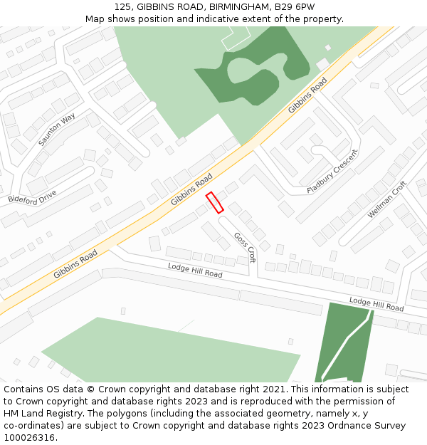 125, GIBBINS ROAD, BIRMINGHAM, B29 6PW: Location map and indicative extent of plot