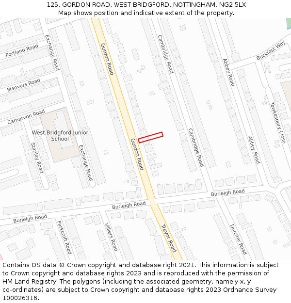 125, GORDON ROAD, WEST BRIDGFORD, NOTTINGHAM, NG2 5LX: Location map and indicative extent of plot