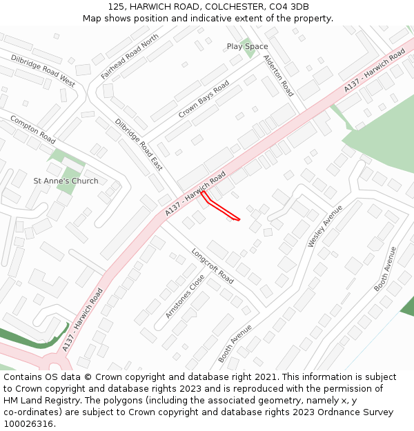 125, HARWICH ROAD, COLCHESTER, CO4 3DB: Location map and indicative extent of plot