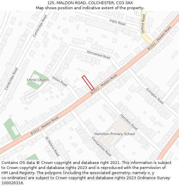 125, MALDON ROAD, COLCHESTER, CO3 3AX: Location map and indicative extent of plot