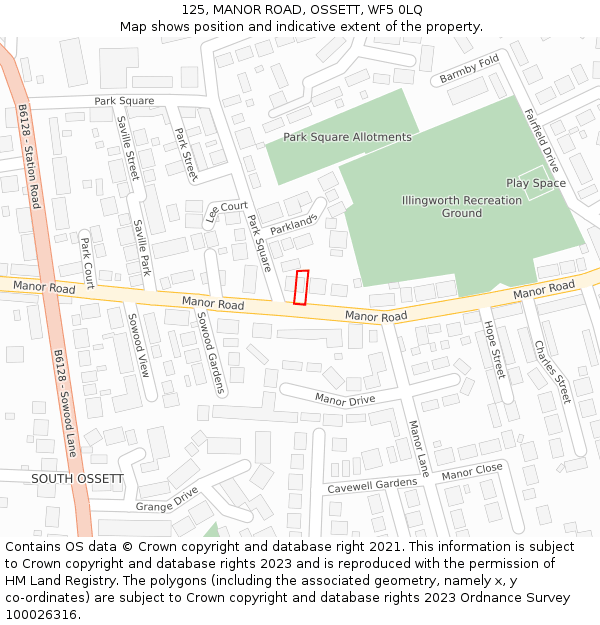 125, MANOR ROAD, OSSETT, WF5 0LQ: Location map and indicative extent of plot