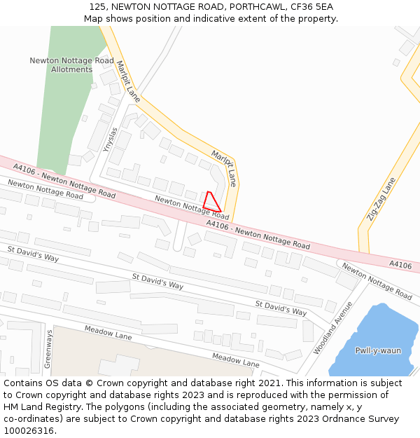 125, NEWTON NOTTAGE ROAD, PORTHCAWL, CF36 5EA: Location map and indicative extent of plot